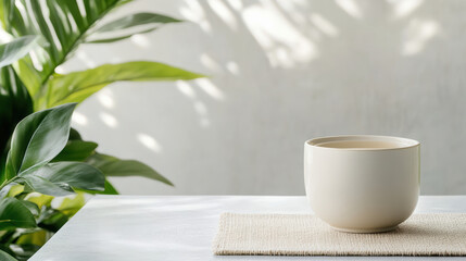 Serene moment with smooth cup on textured placemat surrounded by lush greenery