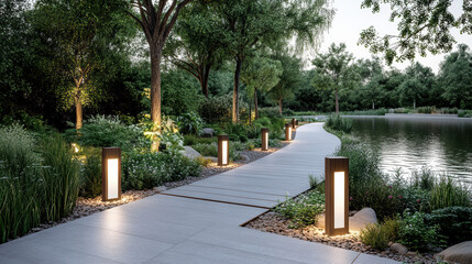 Serene garden pathway illuminated by modern lamps, surrounded by lush greenery and tranquil pond