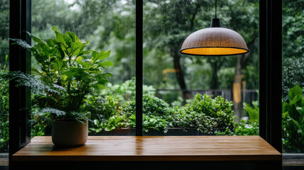 Serene indoor scene featuring potted plant wooden table, with warm lamp illuminating space