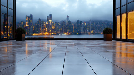 Calm rooftop view showcases city skyline reflecting on dark water, creating serene atmosphere