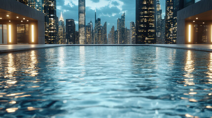 Serene rooftop pool reflects glowing skyline, creating tranquil urban escape