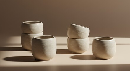 Ceramic Artistry: A stunning arrangement of minimalist ceramic cups, their organic forms and subtle textures enhanced by the soft interplay of light and shadow.