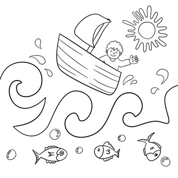 Coloring page. Boy sailing a boat on wavy water with fish.