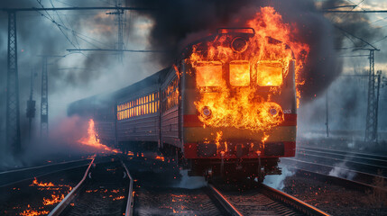 Accident on the railway tracks, the train in fire dynamic motion