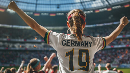 Germany woman football soccer fans in a stadium supporting the national team