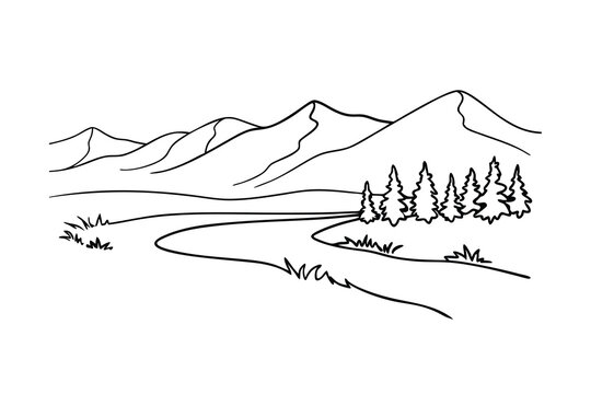 Simple black and white line art landscape depicting mountains and natural scenery