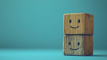 Stacked wooden blocks with happy smiley face concept