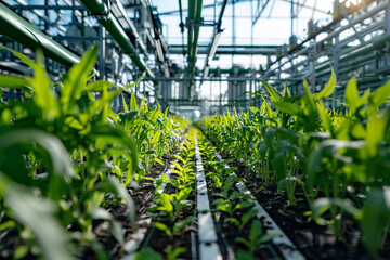 Genetically Modified Crop Field with Advanced Biotech Equipment in Use

