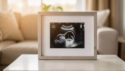 Framed ultrasound photo of a baby on table in living room setting  