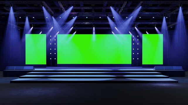 Motion Empty stage Design for mockup and Corporate identity,Display.Stage green screen in hall.Blank screen for Graphic Resources.Scene event led night light staging.Animation loop 4k.3D render.	
