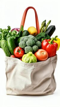Tote bag full of vegetables and fruits on white background..