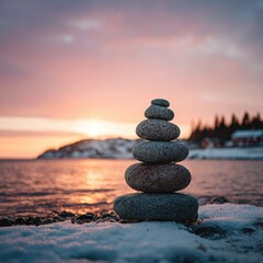 Stacked stones on snowy shore at sunset (3)
