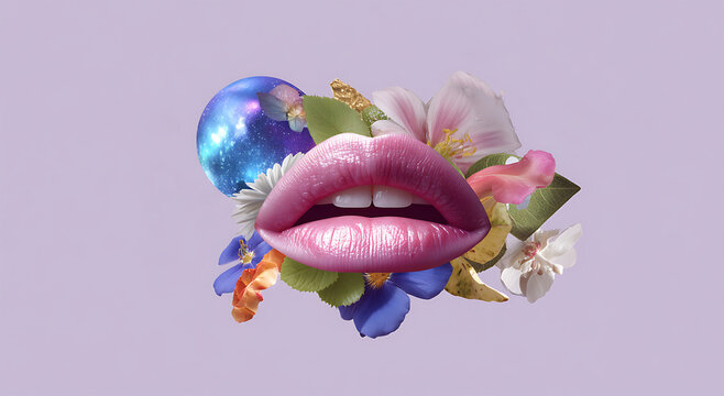 A surreal collage featuring lips flowers and a blue orb on a light purple background design element - Powered by Adobe