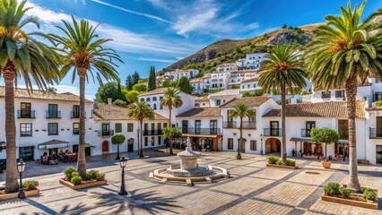 Fototapeta premium Sunny village square with old white washed houses and palm trees in Mijas