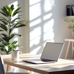 Minimalist Scandinavian home office with laptop on wooden desk, coffee mug, indoor plant, cozy chair and white walls, bathed in soft natural daylight, remote work concept with shallow depth of field
