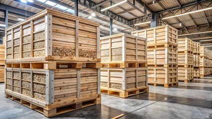 Wooden crates stacked in a warehouse with drill cores of rock inserted into them as part of construction material storage display