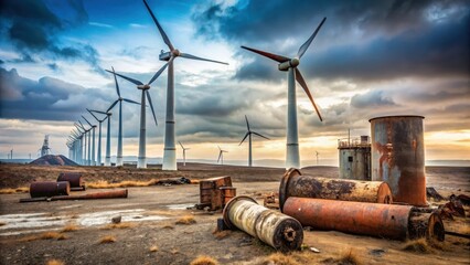 Weathered wind turbine components scattered around a deserted wind power station
