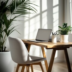 Fototapeta premium Minimalist Scandinavian home office with laptop on wooden desk, coffee mug, indoor plant, cozy chair and white walls, bathed in soft natural daylight, remote work concept with shallow depth of field