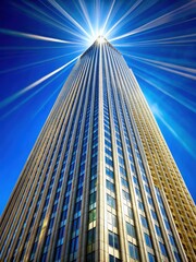 Obraz premium A majestic skyscraper stands proudly against a brilliant blue sky with the sun shining down from a low angle