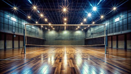 A dimly lit volleyball net stands alone in the center of a large gym