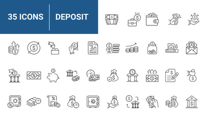 Deposit set of web icons in line style. A collection of linear icons representing deposit concepts, including bank deposit, savings account, money transfer, direct deposit, investment. Editable stroke