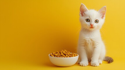White kitten standing next to a bowl of dry cat food