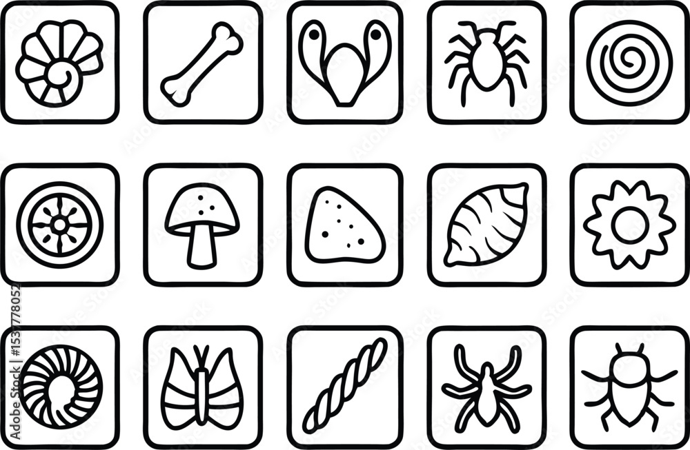 Poster outline icon set of fossil evidence depicting various prehistoric artifacts isolated on transparent 