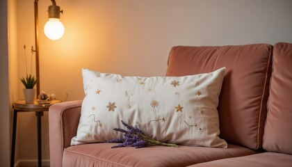 Cozy pink sofa with decorative pillow and lavender on the armrest  