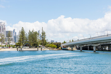 Gold Coast, QLD, Australia, January 2023 - A view onto the river and city from the boat