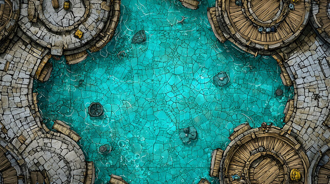 Fantasy circular city map, top-down view of water-filled plaza, use for tabletop roleplaying