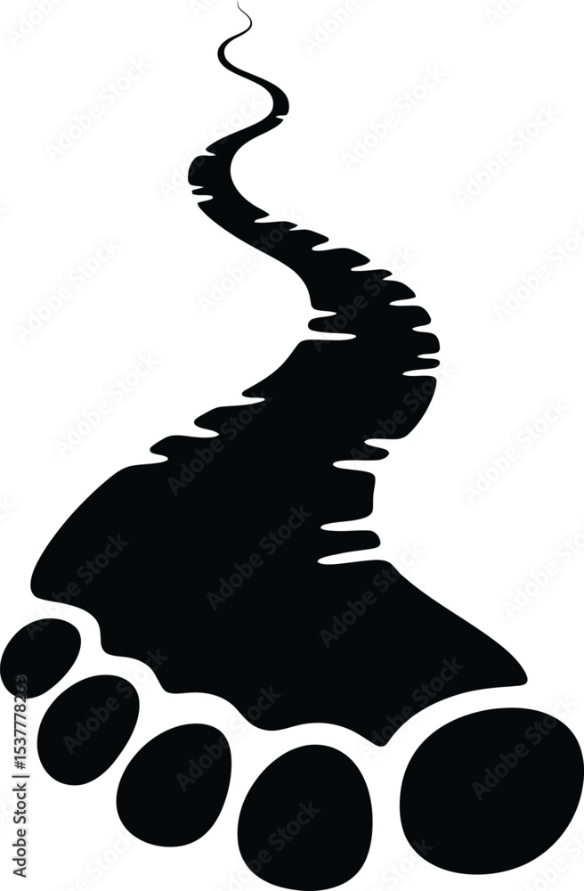 Poster a stylized black footprint with toes and a winding path extending upwards on a white background spac