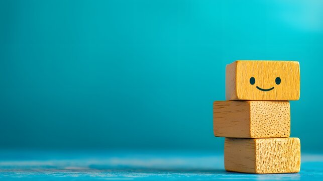 Wooden blocks forming a smiling face on a teal background