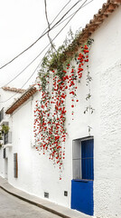 Whitewashed Spanish street, vibrant red flowers cascading down a building. Possible use showcasing beautiful architecture, street scene, travel destination