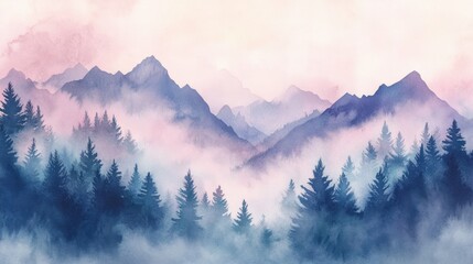Obraz premium a serene landscape of mountains under a gradient sky, with the lower section depicting a forested area and the upper section showcasing the peaks against a hazy backdrop