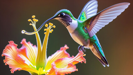 Fototapeta premium A hummingbird feeding on a vibrant flower with its long beak reaching for the nectar in the bloom