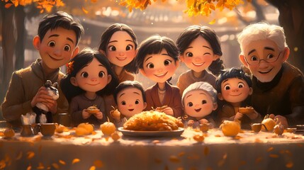 A happy family enjoys autumn with pie together at a table in a beautiful animated Thanksgiving illustration.