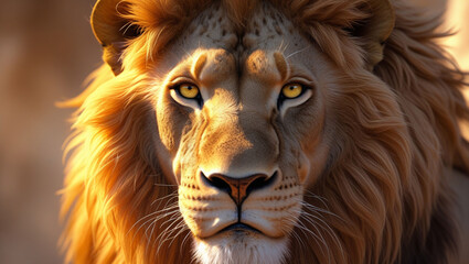 Fototapeta premium A close up portrait of a lion with golden fur and piercing yellow eyes looking directly at the viewer