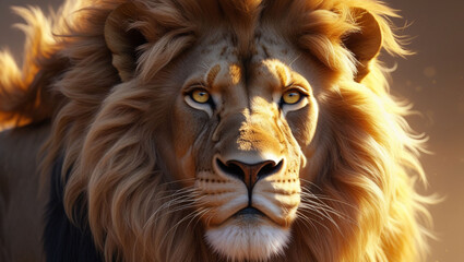 Fototapeta premium Close up portrait of a majestic lion with a golden mane staring directly at the viewer with intensity