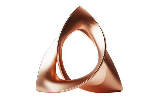 Copper-toned, stylized, triangular, knot-like, abstract sculpture