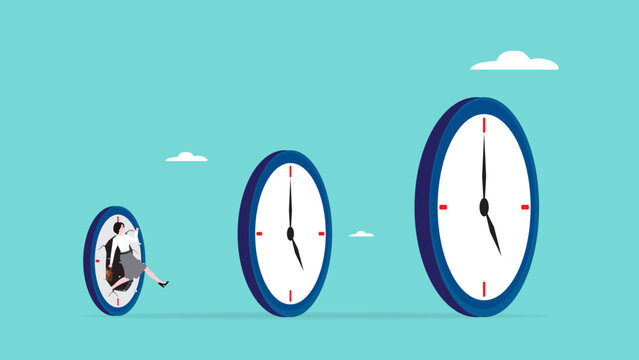 time management skills, successful time management as inspiration for the next time management, increasing expertise over time, businesswoman jumps through the small clock to the big one