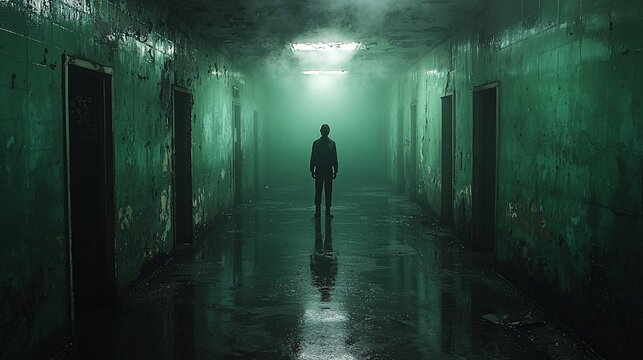 Abandoned hospital corridor, eerie atmosphere