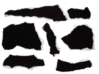 Pieces of torn or cut black paper, design elements isolated on transparent background.