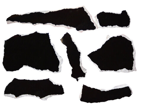 Pieces of torn or cut black paper, design elements isolated on transparent background.