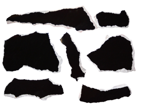 Pieces of torn or cut black paper, design elements isolated on transparent background.
