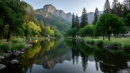 Obraz premium Reflections of Mountains and Trees in Calm Lake Scenery