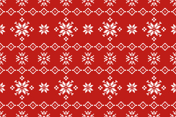 Christmas and New Year seamless pattern. White snowflakes on red pixel pattern for winter hat,jumper,sweater, wrapping,fabric,border,rim,carpets, blankets, towels