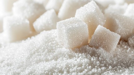 Close-up of white sugar cubes on granulated sugar.