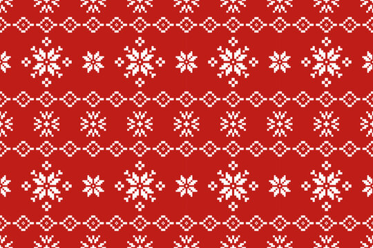 Christmas and New Year seamless pattern. White snowflakes on red pixel pattern for winter hat,jumper,sweater, wrapping,fabric,border,rim,carpets, blankets, towels