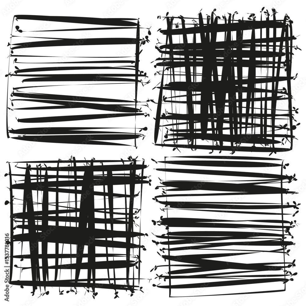 Poster messy square shapes. black rough lines. hand drawn pattern. vector sketch style.