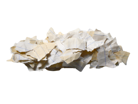 Pieces of notebook paper with old lines and white creases that are torn or cut. Isolated design elements on transparent background.